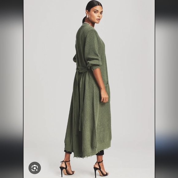 SEROYA olive Green Amanda Distressed Long Cardigan Dress Sweater S - Picture 2 of 8